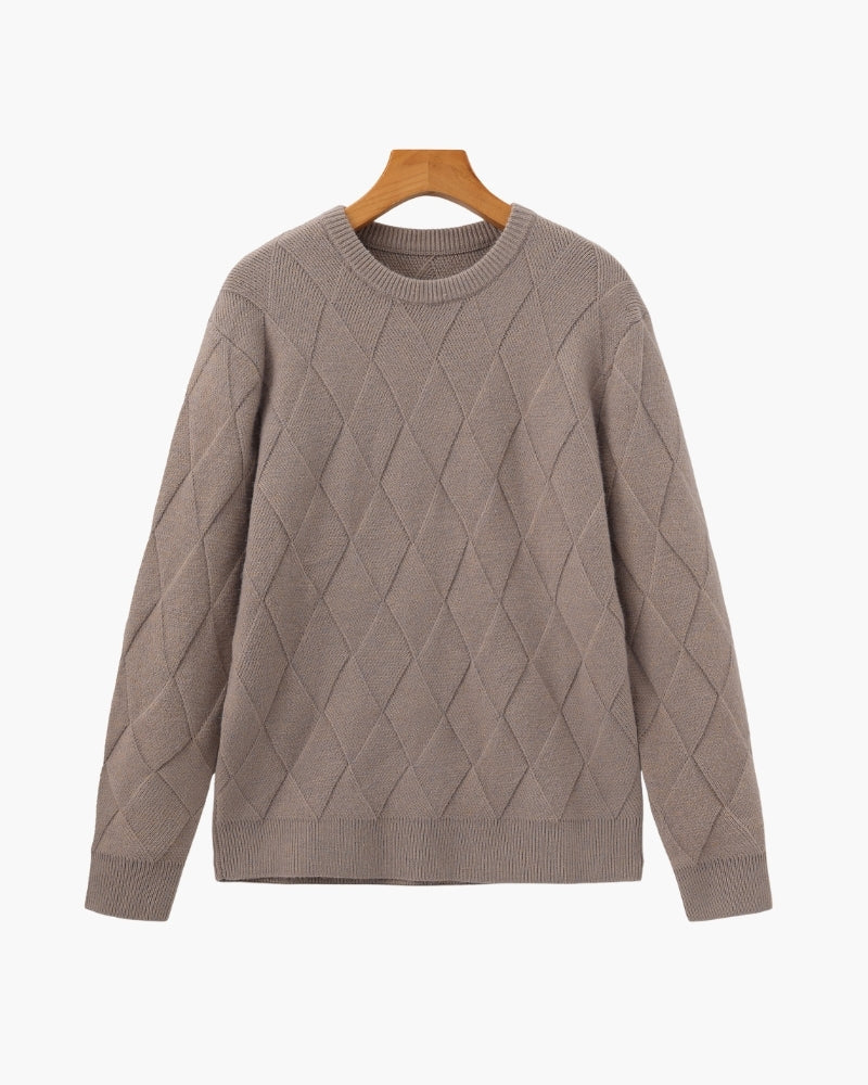 Men's Diamond Knit Crew Neck Sweater with Ribbed Cuffs - Mocha