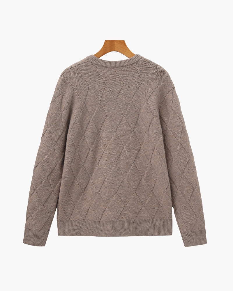 Men's Diamond Knit Crew Neck Sweater with Ribbed Cuffs