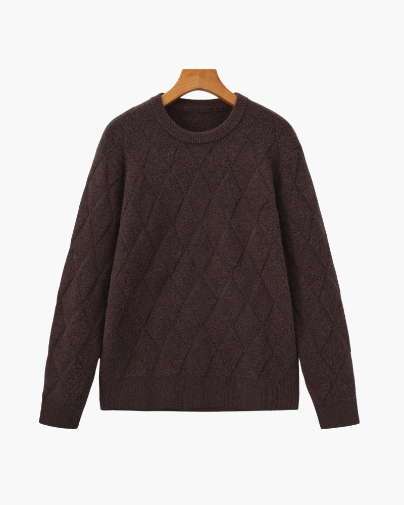 Men's Diamond Knit Crew Neck Sweater with Ribbed Cuffs - Dark Brown