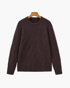 Men's Diamond Knit Crew Neck Sweater with Ribbed Cuffs - Dark Brown