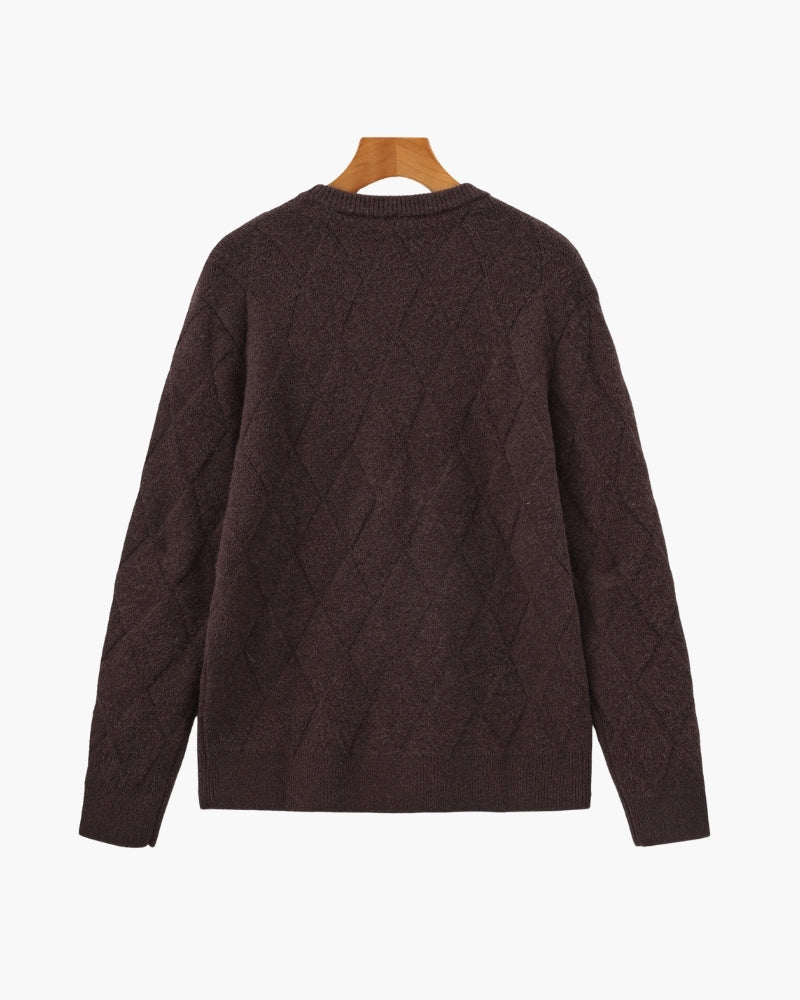 Men's Diamond Knit Crew Neck Sweater with Ribbed Cuffs