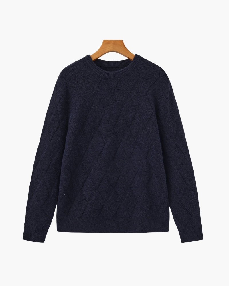 Men's Diamond Knit Crew Neck Sweater with Ribbed Cuffs