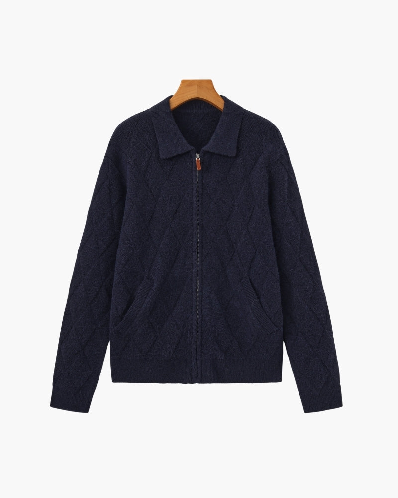 Men's Diamond Knit Zip Cardigan with Spread Collar - Navy