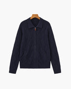 Men's Diamond Knit Zip Cardigan with Spread Collar - Navy