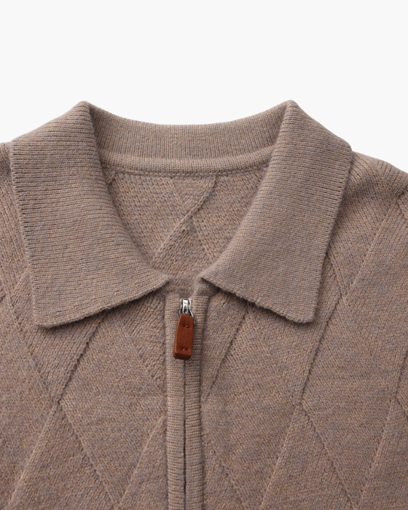 Men's Diamond Knit Zip Cardigan with Spread Collar