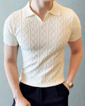 Men's Diamond Textured Knit Polo with Structured Collar - White