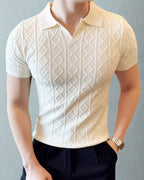 Men's Diamond Textured Knit Polo with Structured Collar - White