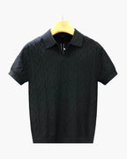 Men's Diamond Textured Knit Polo with Structured Collar - Black