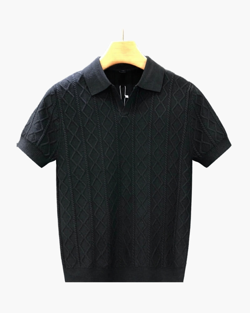 Men's Diamond Textured Knit Polo with Structured Collar - Black