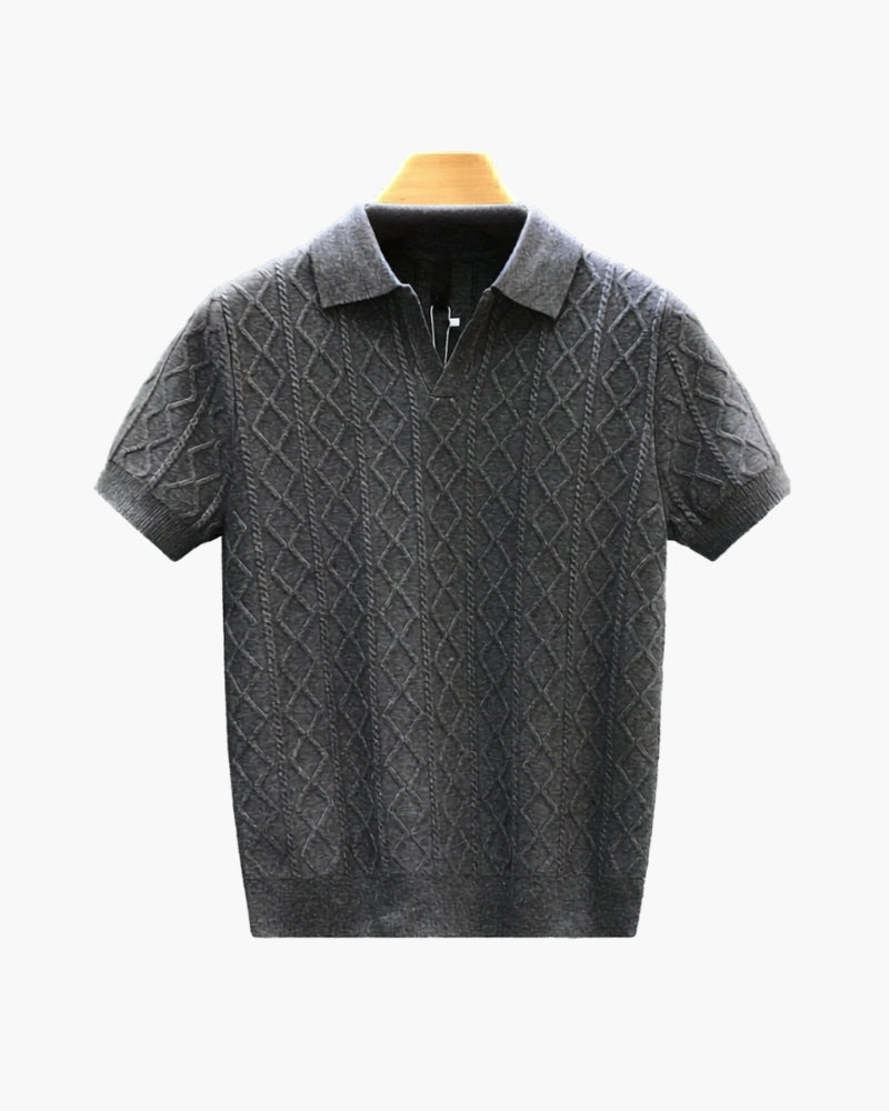 Men's Diamond Textured Knit Polo with Structured Collar - Gray