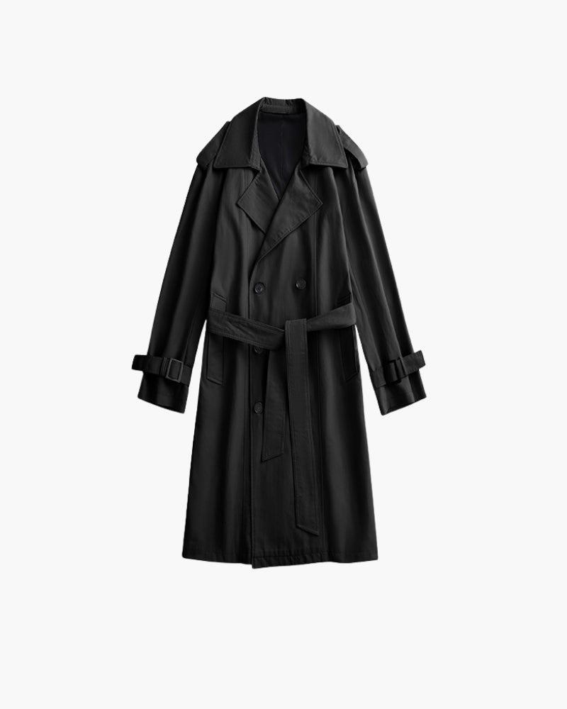 Men's Double-Breasted Trench Coat with Belt and Epaulettes - Black