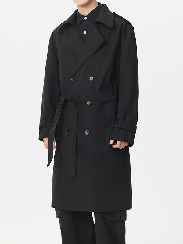 Men's Double-Breasted Trench Coat with Belt and Epaulettes