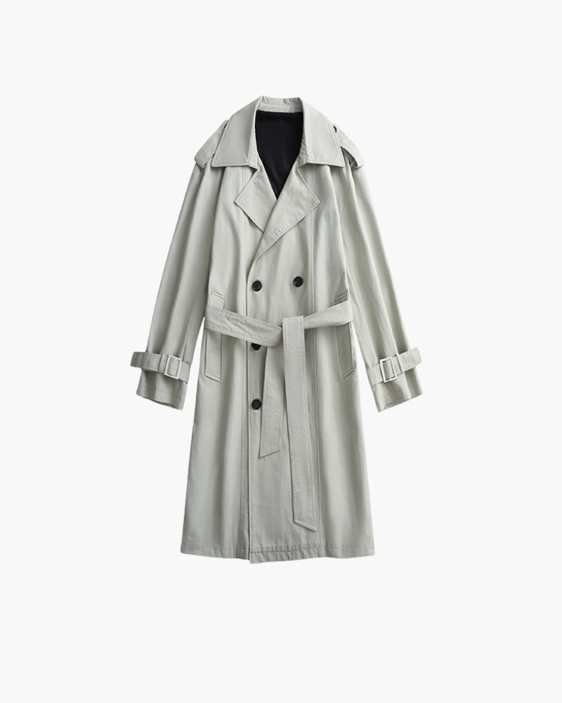 Men's Double-Breasted Trench Coat with Belt and Epaulettes - Green