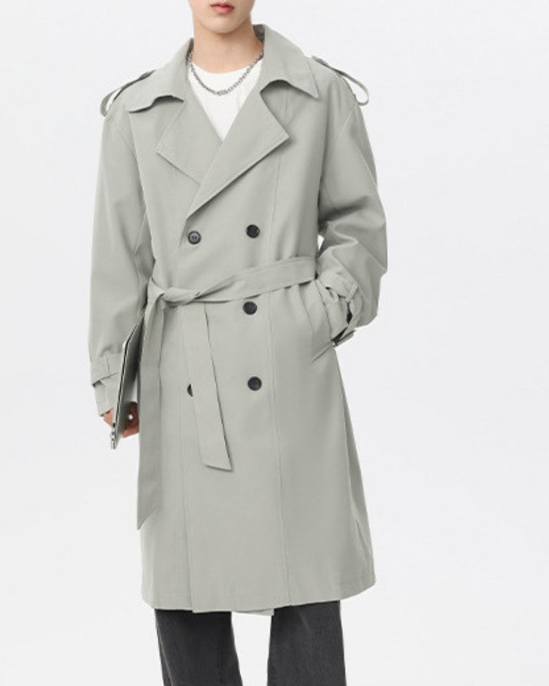 Men's Double-Breasted Trench Coat with Belt and Epaulettes