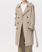 Men's Double-Breasted Trench Coat with Belt and Epaulettes - Beige