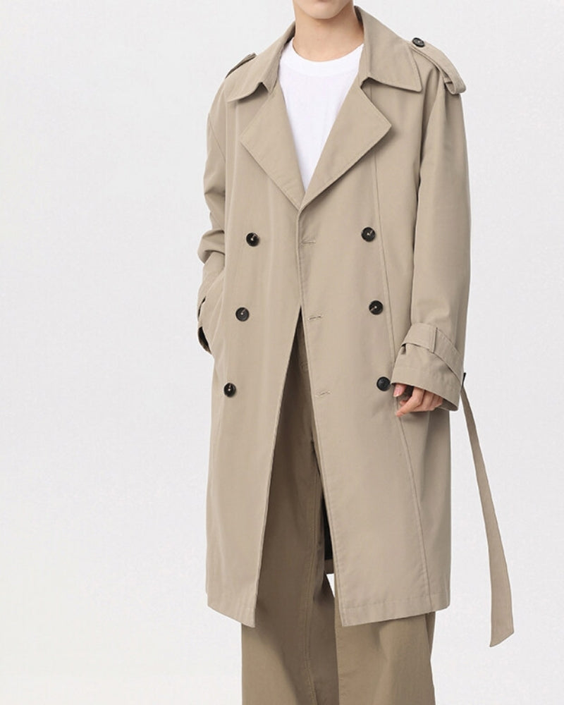 Men's Double-Breasted Trench Coat with Belt and Epaulettes - Beige
