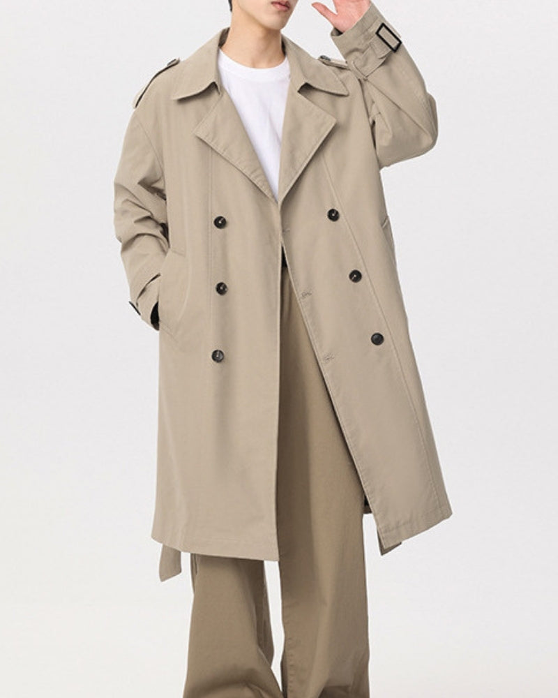 Men's Double-Breasted Trench Coat with Belt and Epaulettes