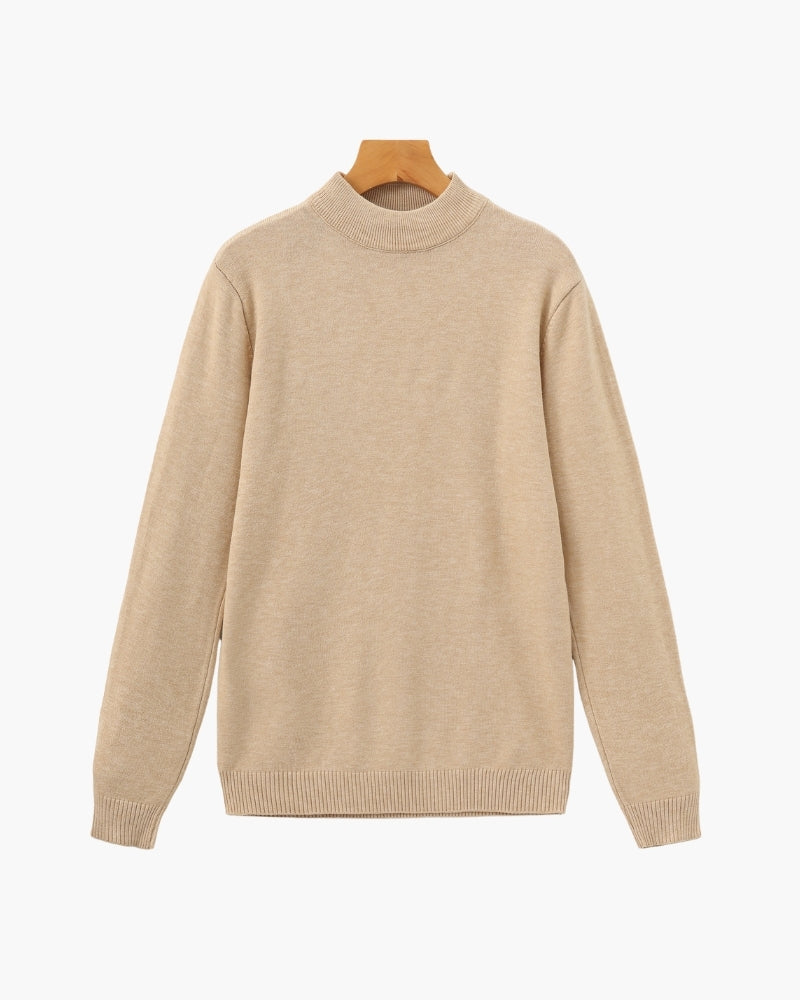 Men's Fine Ribbed Mock Neck Sweater with Clean Silhouette - Beige