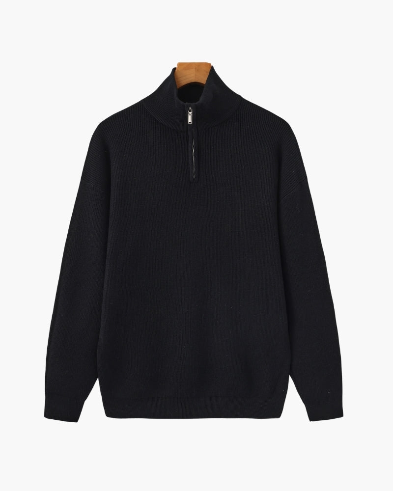Men's Half-Zip Knit Pullover with Stand Collar and Ribbed Trims - Black