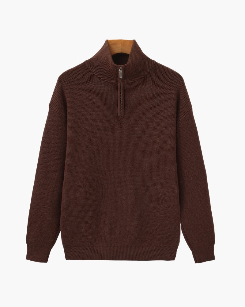 Men's Half-Zip Knit Pullover with Stand Collar and Ribbed Trims - Burgundy