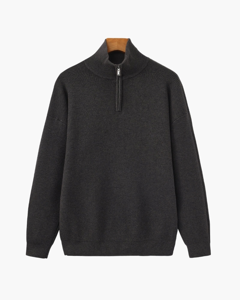 Men's Half-Zip Knit Pullover with Stand Collar and Ribbed Trims - Dark Gray