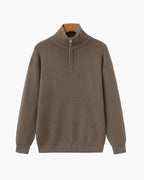 Men's Half-Zip Knit Pullover with Stand Collar and Ribbed Trims - Brown