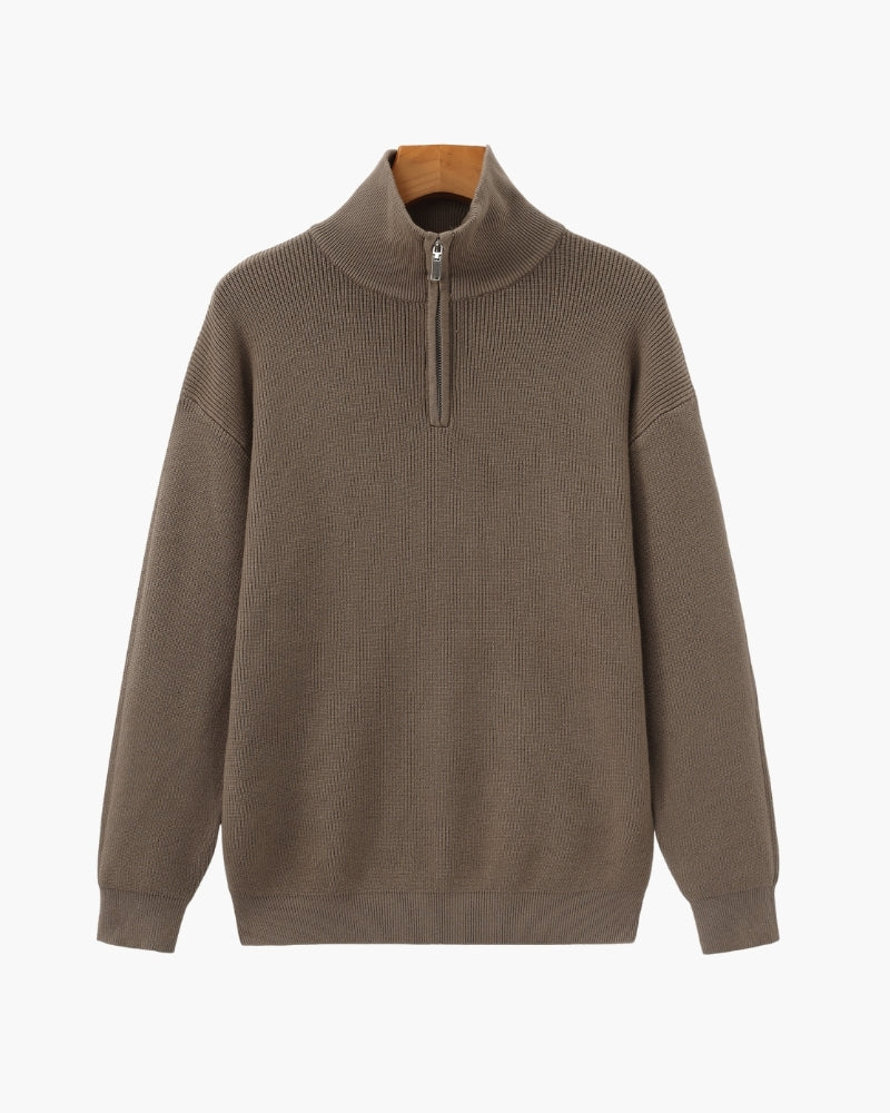 Men's Half-Zip Knit Pullover with Stand Collar and Ribbed Trims - Brown