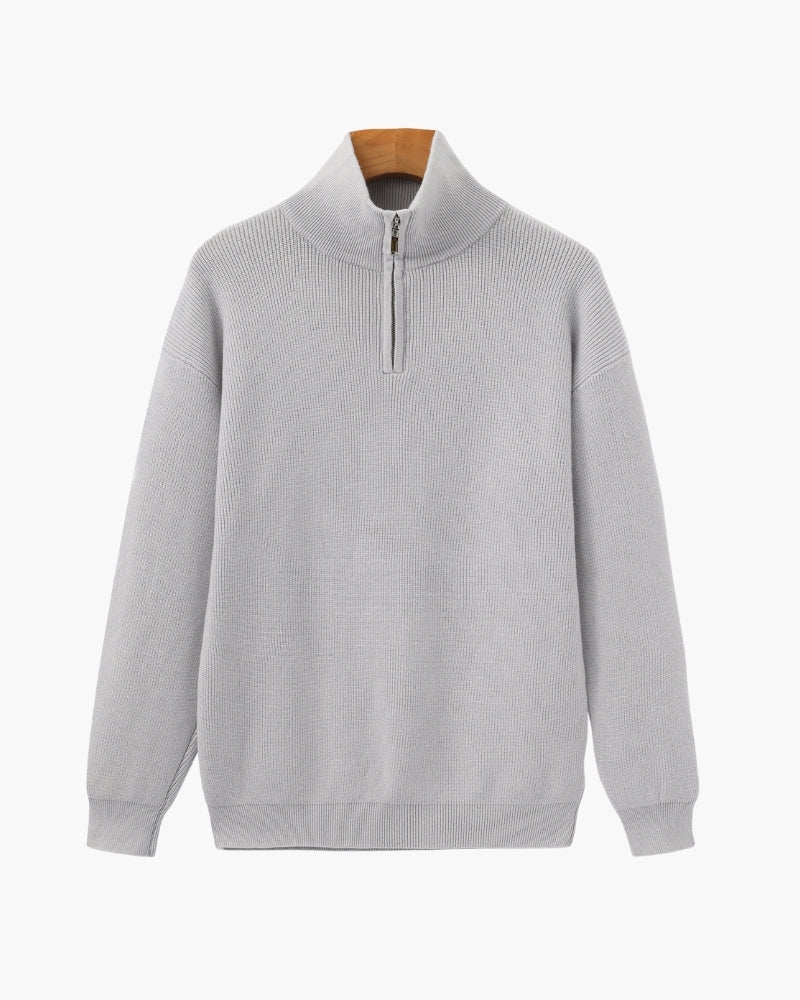 Men's Half-Zip Knit Pullover with Stand Collar and Ribbed Trims - Gray