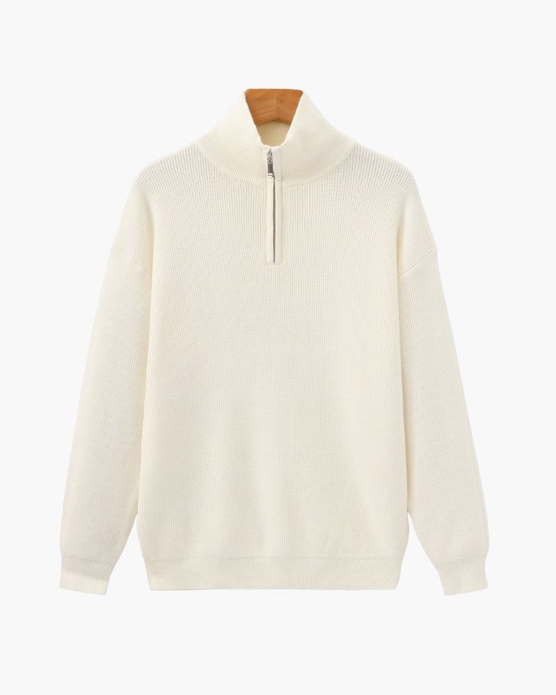 Men's Half-Zip Knit Pullover with Stand Collar and Ribbed Trims - Ivory