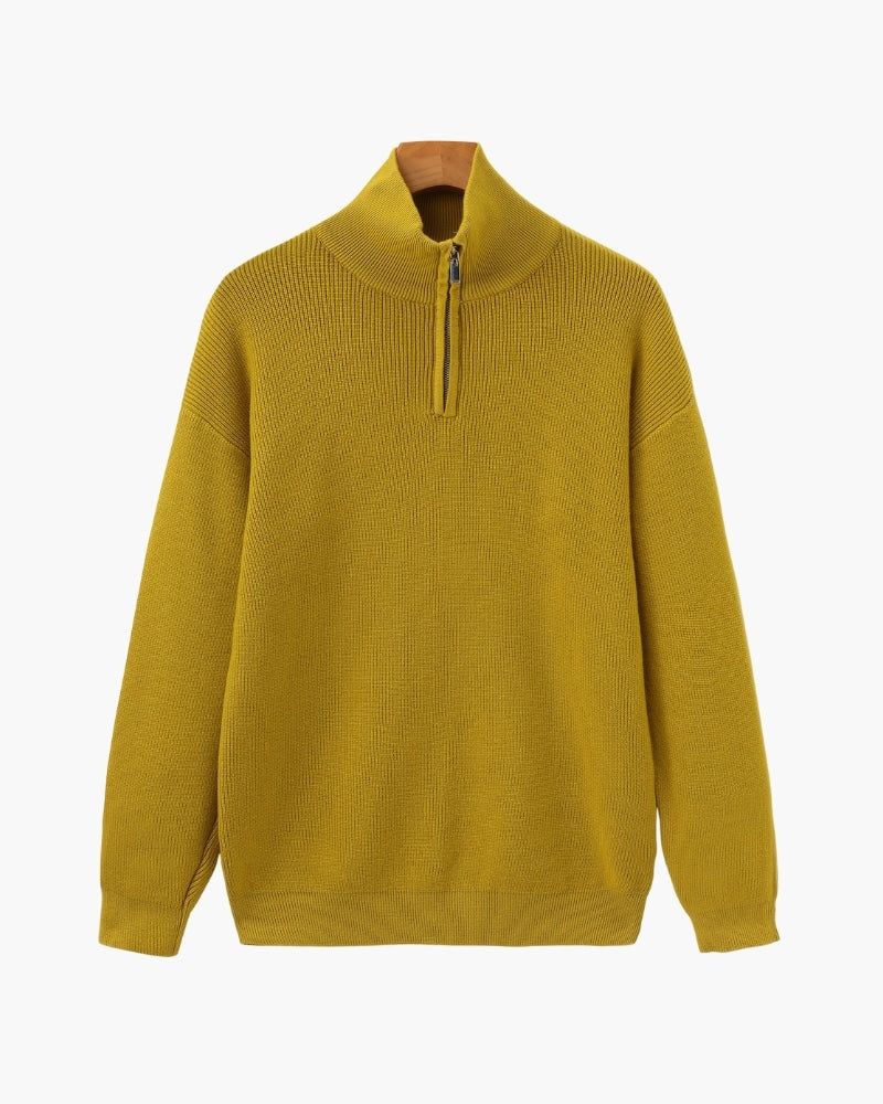 Men's Half-Zip Knit Pullover with Stand Collar and Ribbed Trims - Yellow