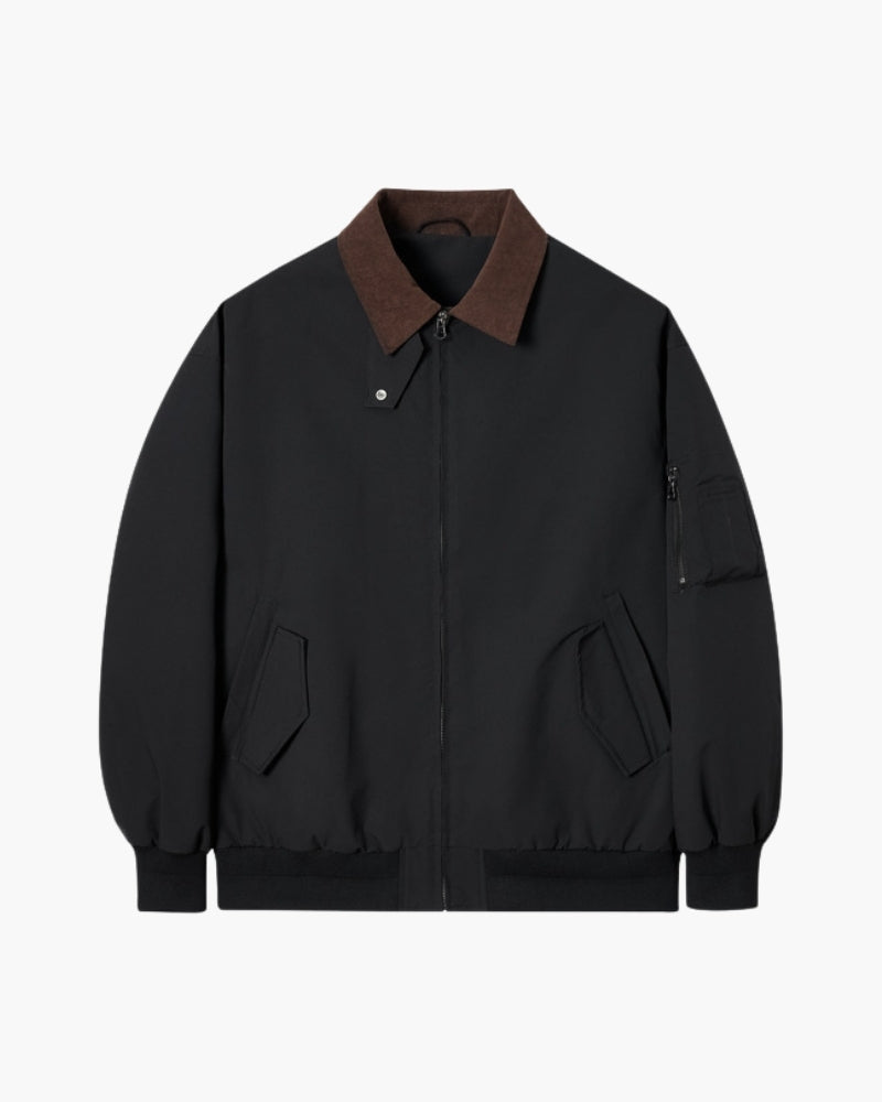 Men's Harrington Jacket with Point Collar and Zip Front - Black