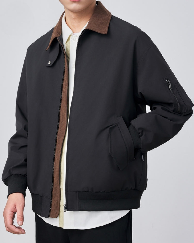 Men's Harrington Jacket with Point Collar and Zip Front - Black