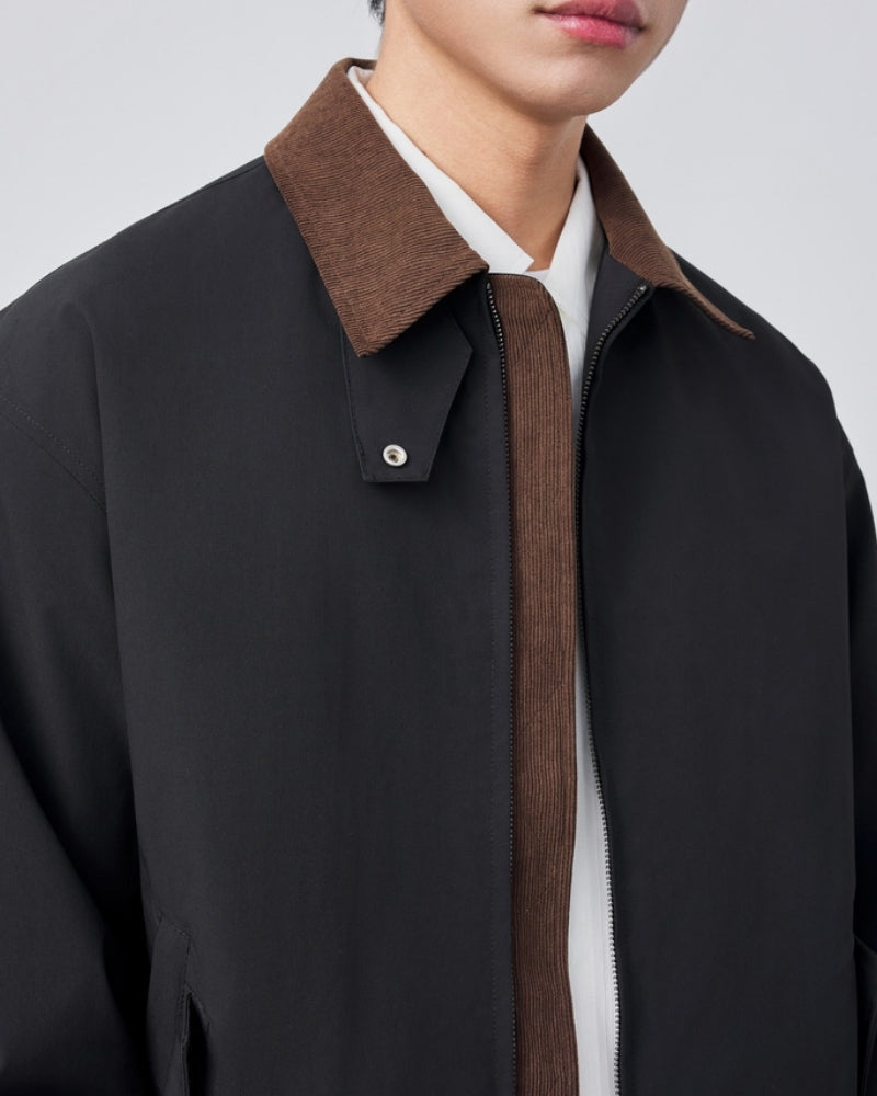 Men's Harrington Jacket with Point Collar and Zip Front - Black
