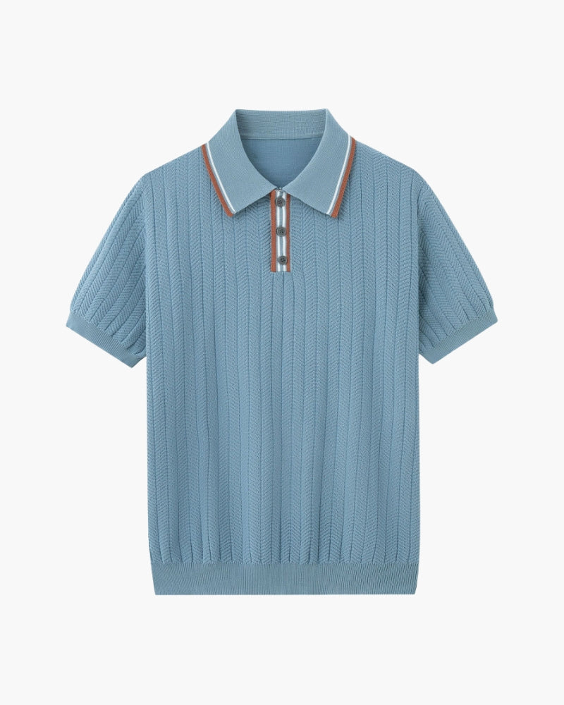 Men's Herringbone Knit Polo with Contrast Piping - Blue Gray