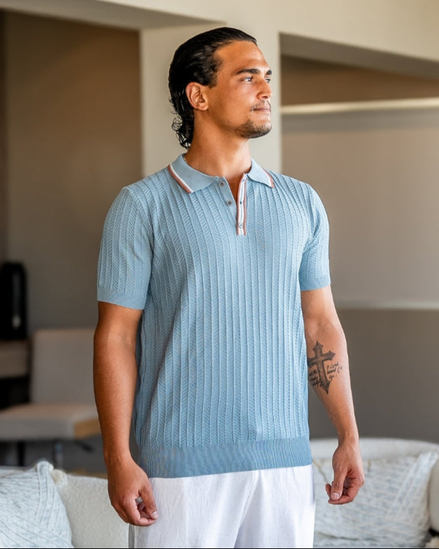 Men's Herringbone Knit Polo with Contrast Piping