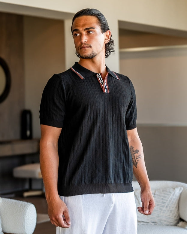 Men's Herringbone Knit Polo with Contrast Piping - Black