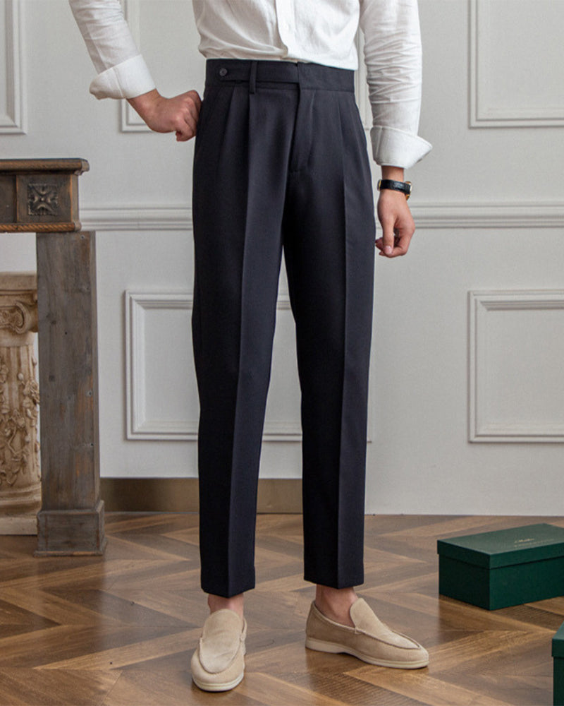 Men's High-Waist Tailored Trousers with Pleats and Belt Loops
