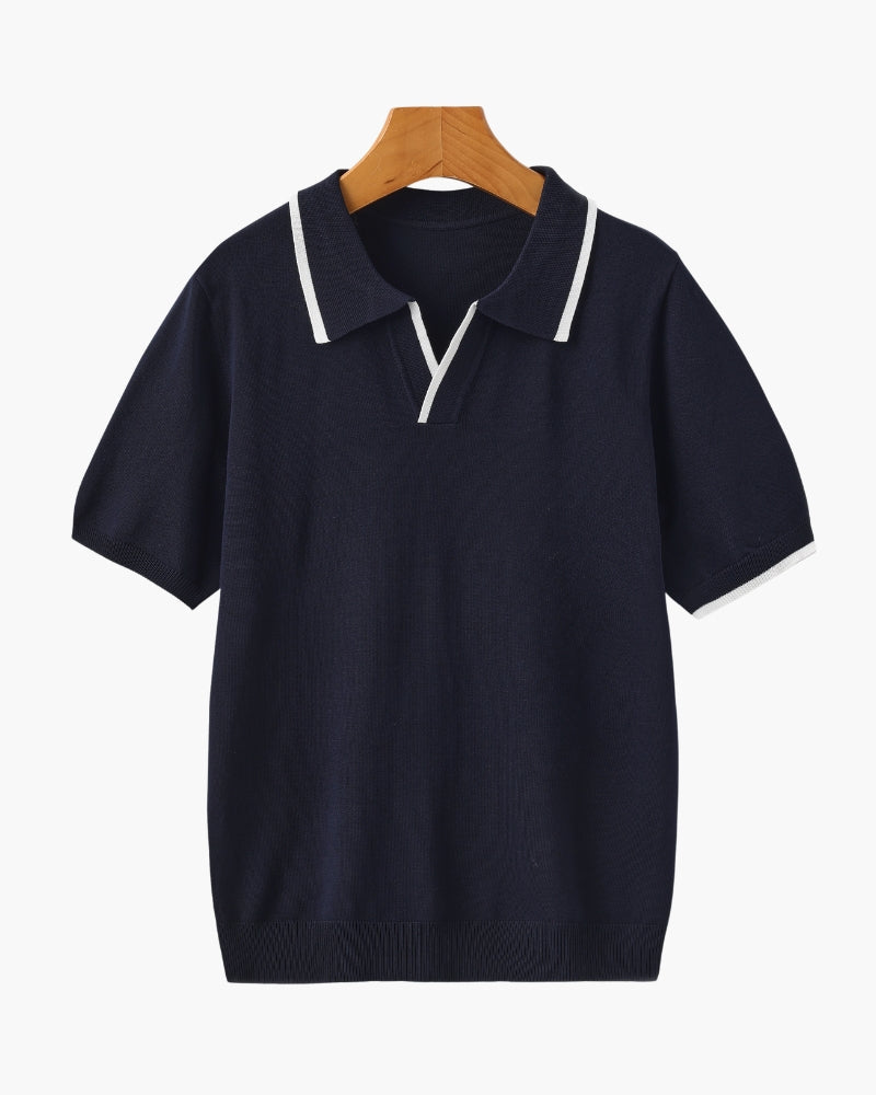 Men's Knit Polo with Contrast Tipping on Collar and Cuffs - Navy