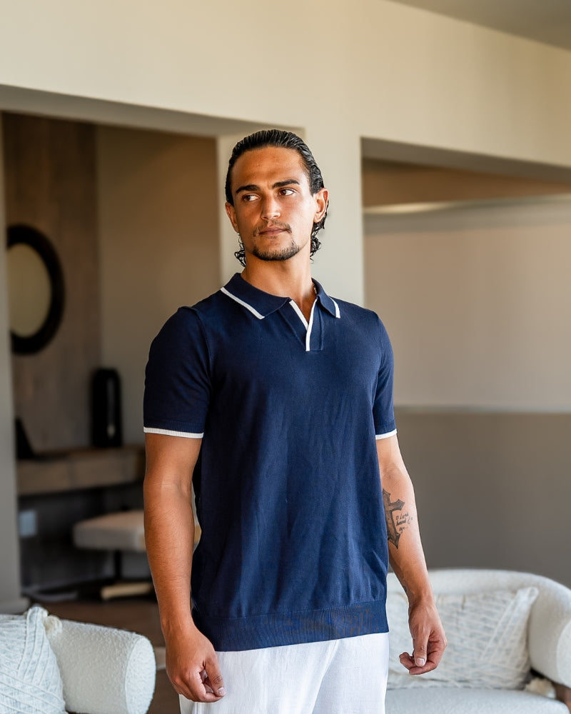 Men's Knit Polo with Contrast Tipping on Collar and Cuffs