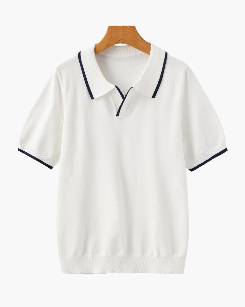 Men's Knit Polo with Contrast Tipping on Collar and Cuffs - White