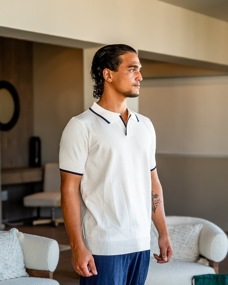 Men's Knit Polo with Contrast Tipping on Collar and Cuffs