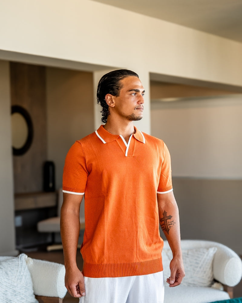 Men's Knit Polo with Contrast Tipping on Collar and Cuffs