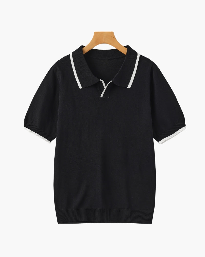 Men's Knit Polo with Contrast Tipping on Collar and Cuffs - Black