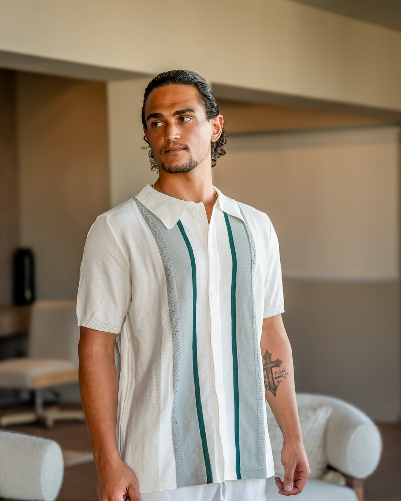 Men's Knit Polo with Vertical Panel Stripes and Button Front