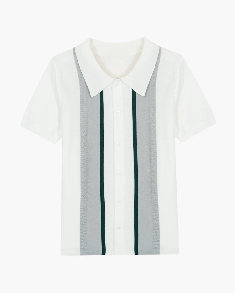 Men's Knit Polo with Vertical Panel Stripes and Button Front