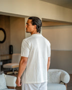 Men's Knit Polo with Vertical Panel Stripes and Button Front