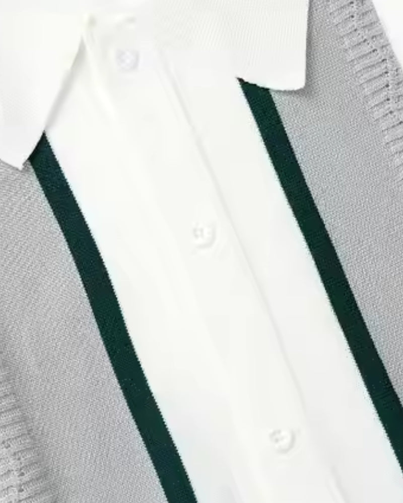 Men's Knit Polo with Vertical Panel Stripes and Button Front