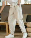 Men's Lightweight Cotton Trousers with Drawstring Waist - Beige