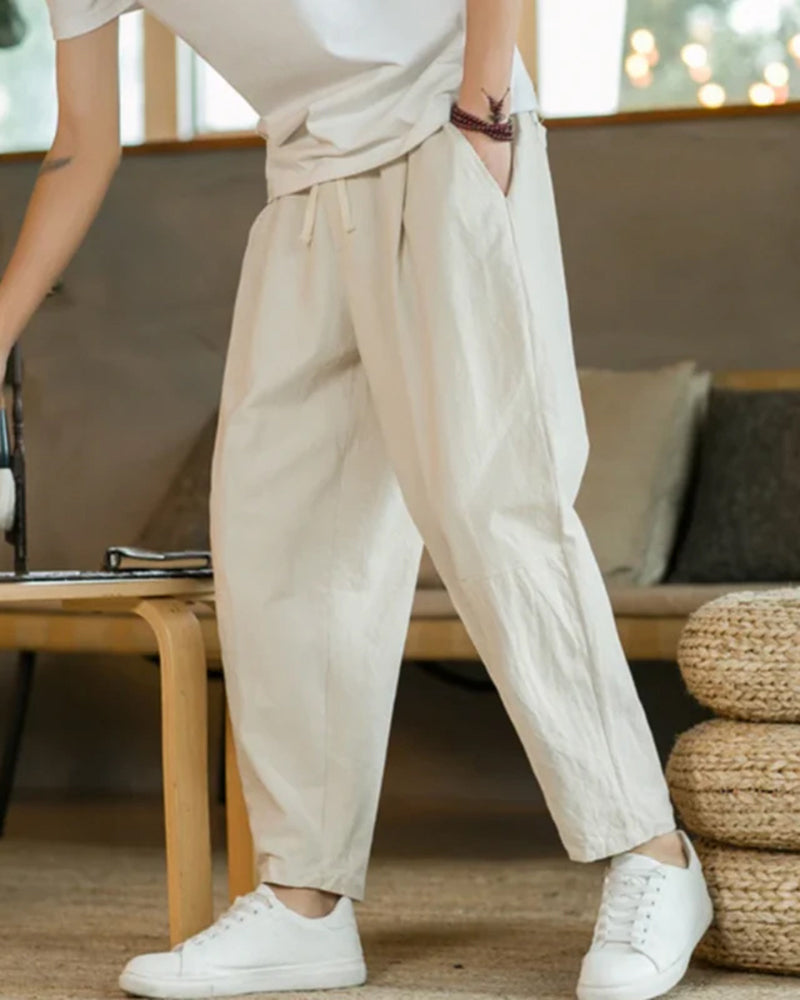 Men's Lightweight Cotton Trousers with Drawstring Waist - Beige