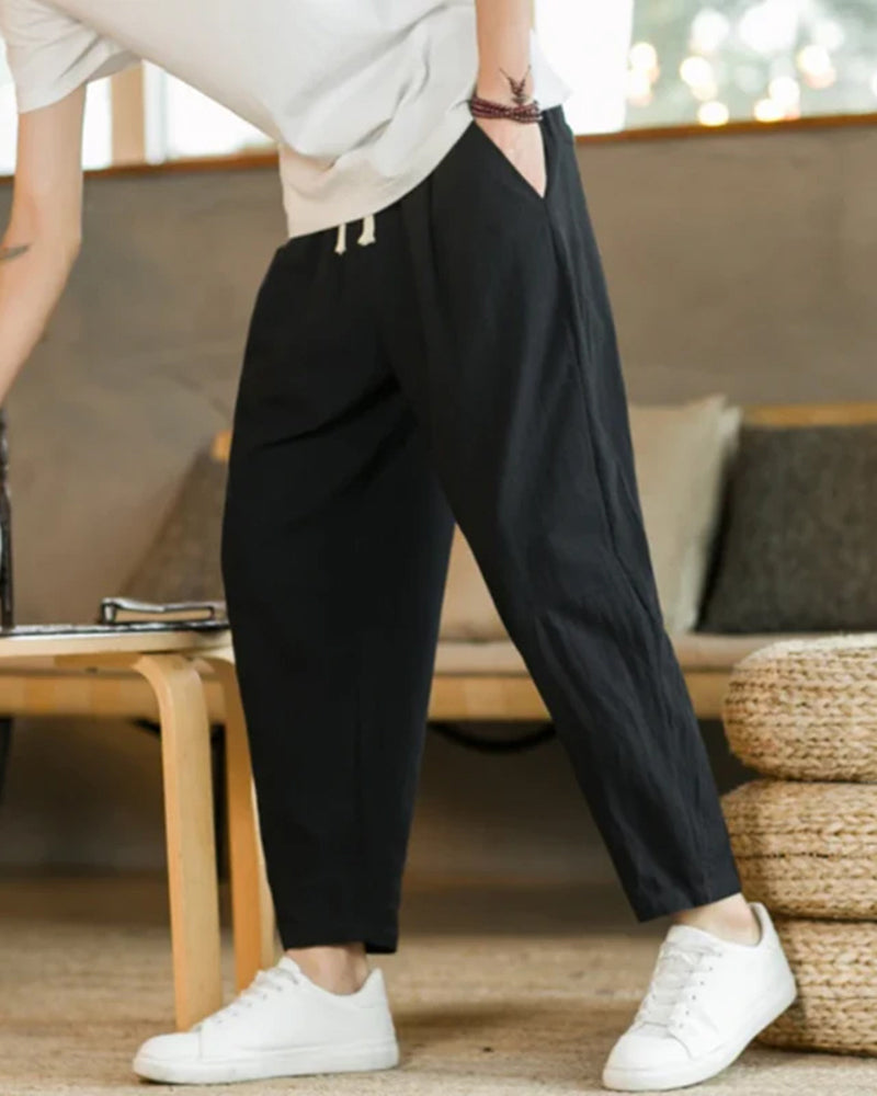 Men's Lightweight Cotton Trousers with Drawstring Waist - Black